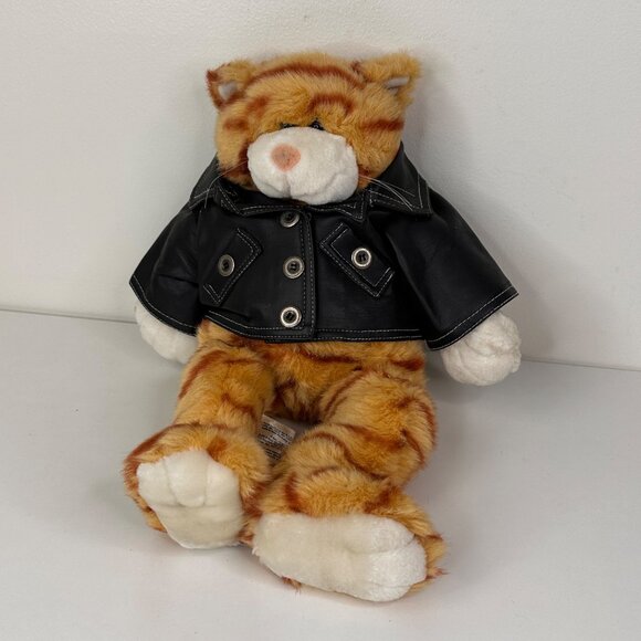 Build-A-Bear Workshop Orange Tabby Cat Plush With Black Faux Leather Jacket 16" - Picture 9 of 9